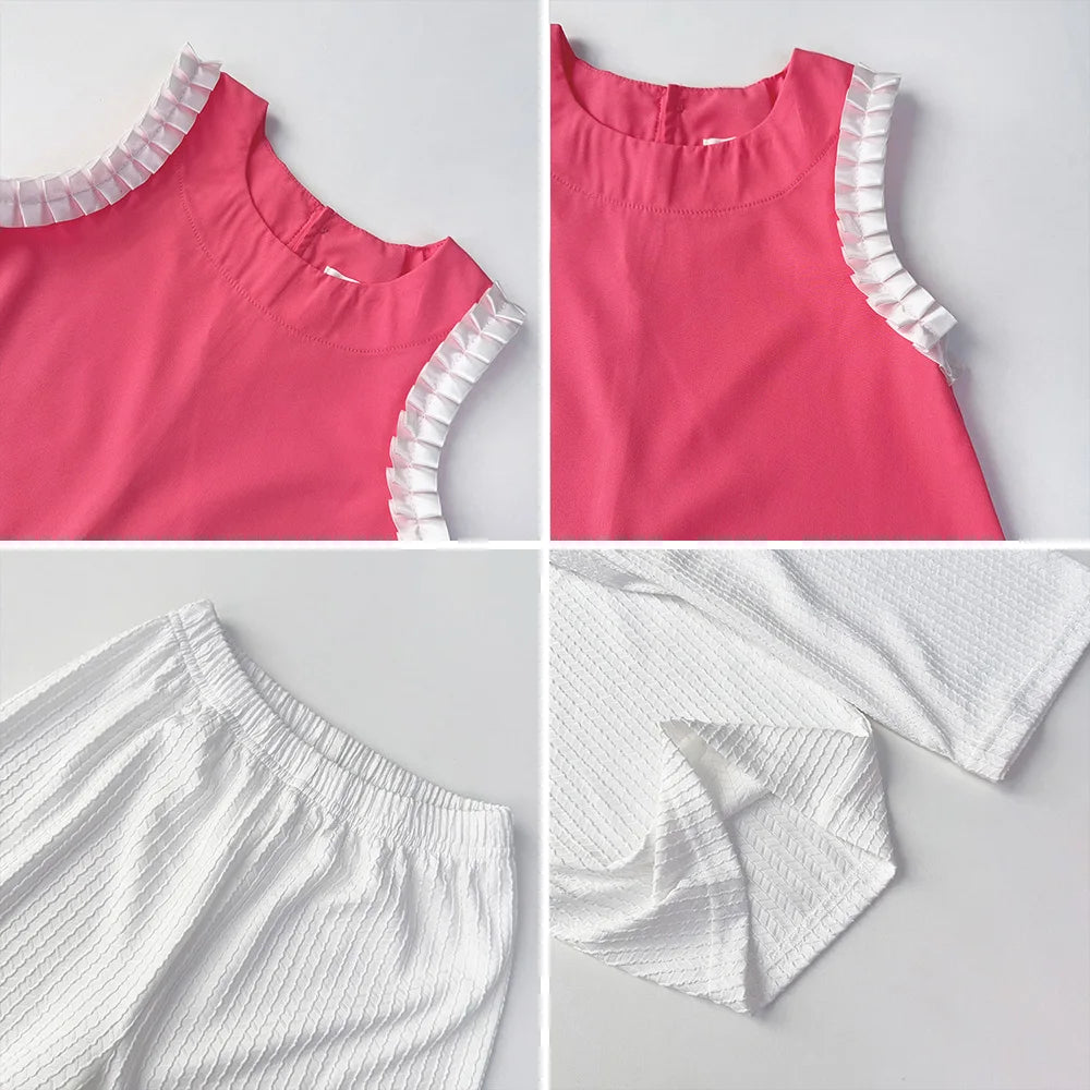 Girl's Round Neck Lace Vest Top and Strip Pants 2-Pcs Set Summer Girl Clothes 3 To 7 Years