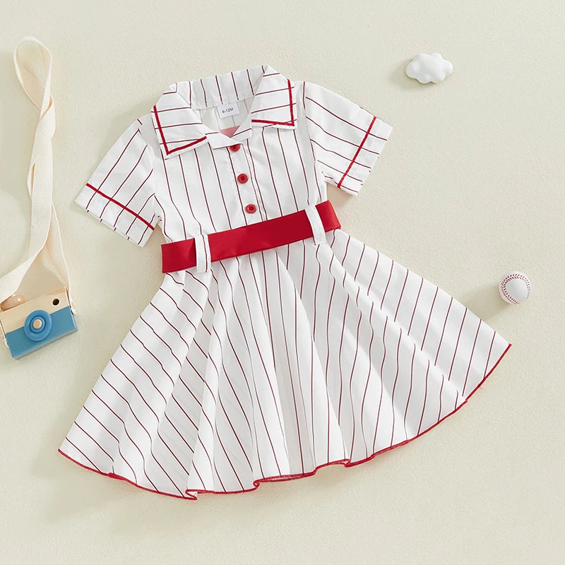 0-4Y Kids Girls Summer Baseball Dress Striped Short Sleeve Single Breasted Back Letter Print Dress with Belt