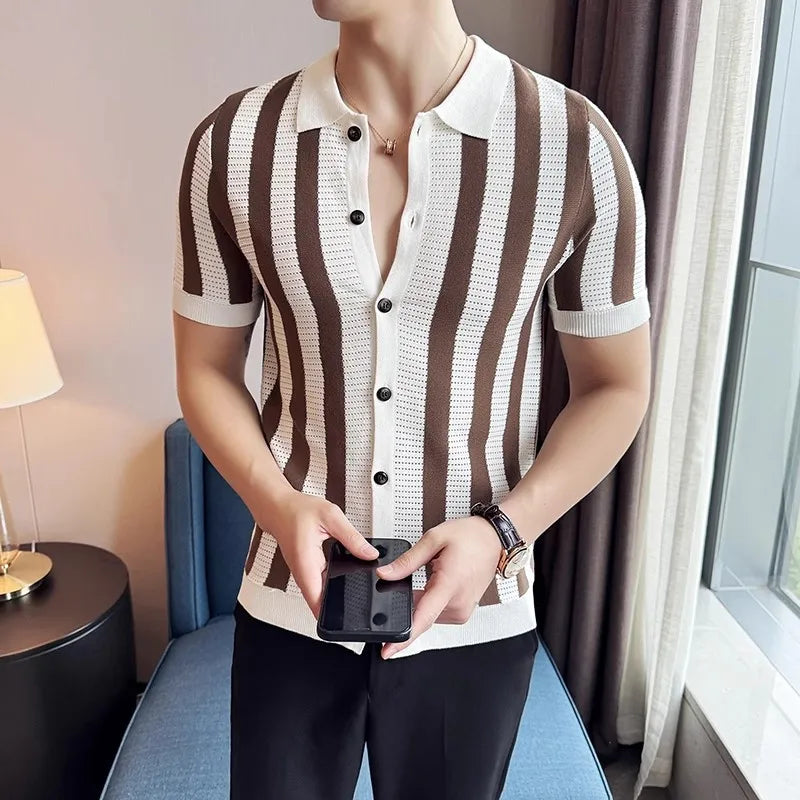 Men's Summer Striped Knit Lightweight Slim Fit  Turn Down Collar Short Sleeve Shirt