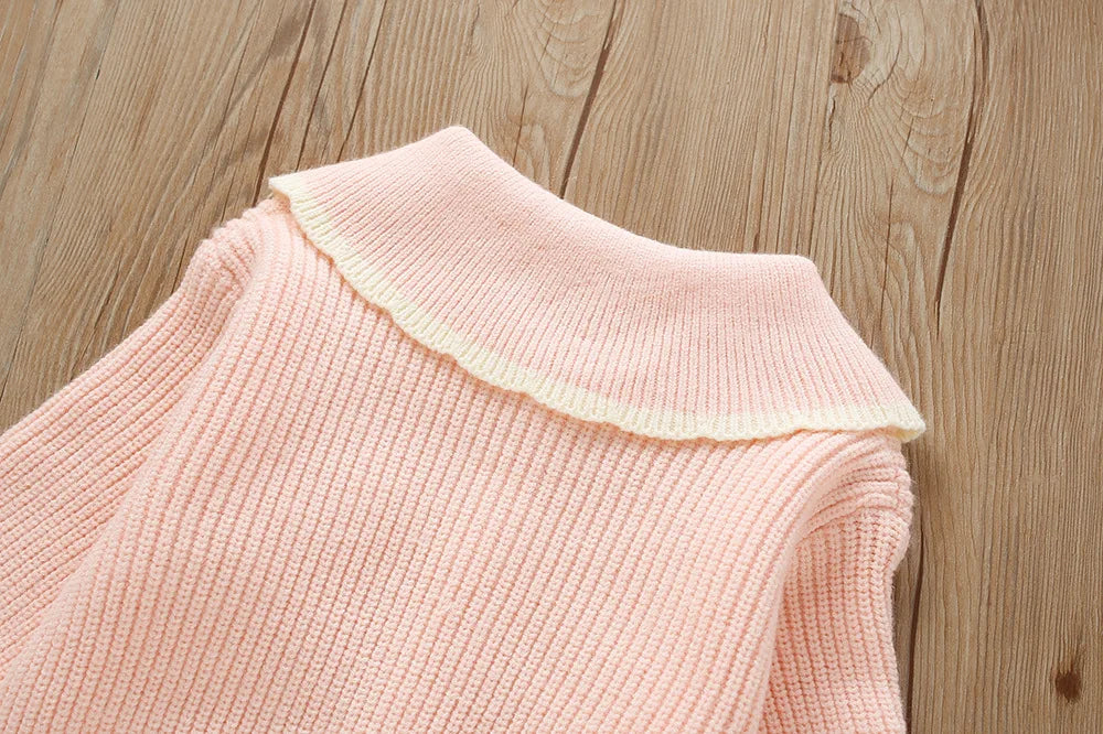 Girl's Clothes Collar Embroidery Flower Knit Cardigan Sweater and Short Skirt Two-piece Set