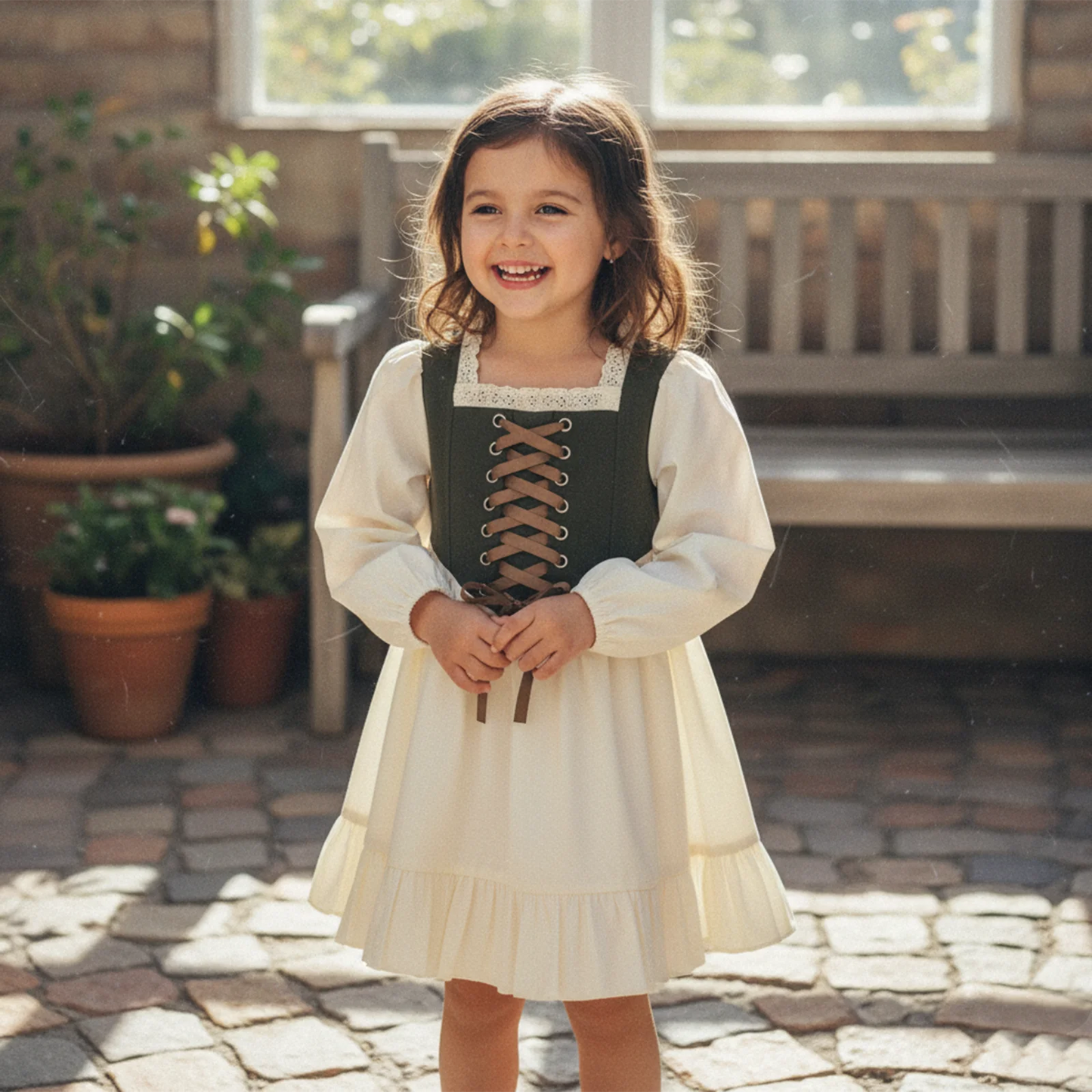 Girls Holiday Dress - Lace Trim Square Neck Ruffle Dress with Long Sleeves