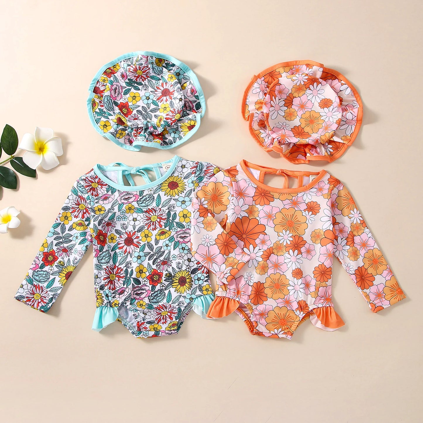 1-5Y Kids Girls Swimsuit 2pcs Floral Print Tie-Up Hollow-Out Long Sleeve Swimsuit with Swim Cap