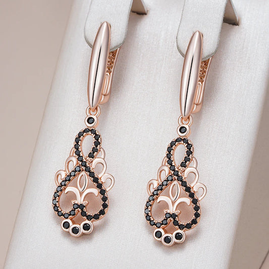 Rose Gold Crystal Flower Long Dangle Earrings - Black Zircon Women's Jewelry