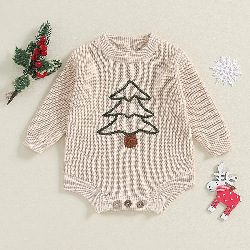 0-18M Baby Boys Girls Christmas Knit Romper Sweater Letter Embroidery Long Sleeve Crew Neck Bubble Jumpsuit