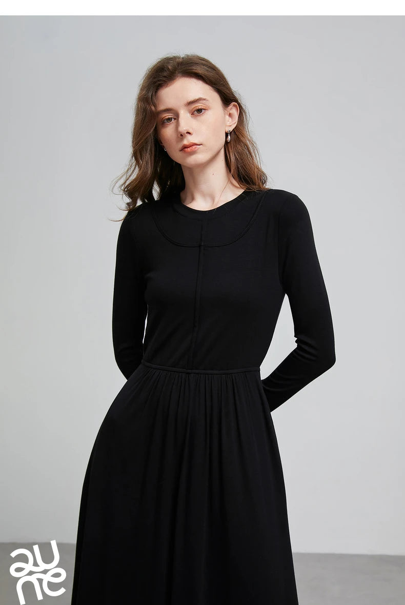 Women's Splicing Fake Two Piece Slim Waist Long Sleeve Knee Length  Bottom Dress