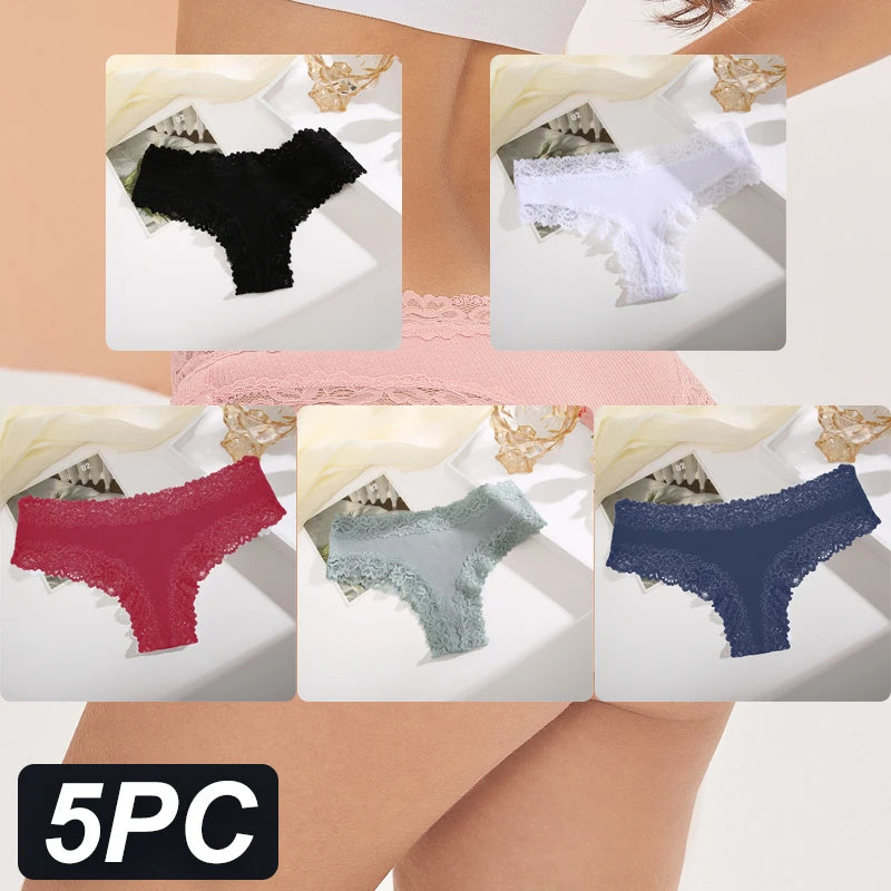 5PCS Women Cotton Lace Underwear Low Waist Briefs Breathable G-String Lingerie