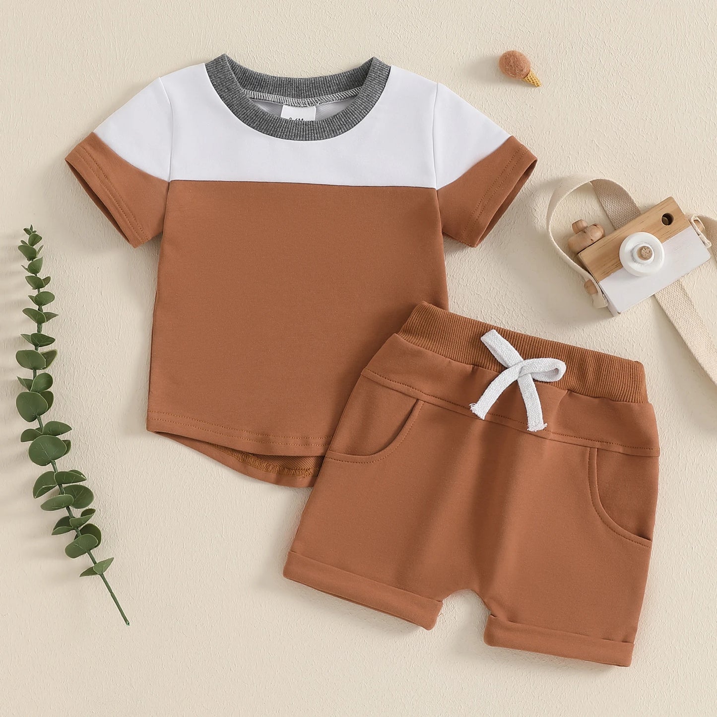 0-3Y Toddler Baby Boys Casual Clothes Set Contrast Colour Round Neck Short Sleeve Tops Pockets Shorts