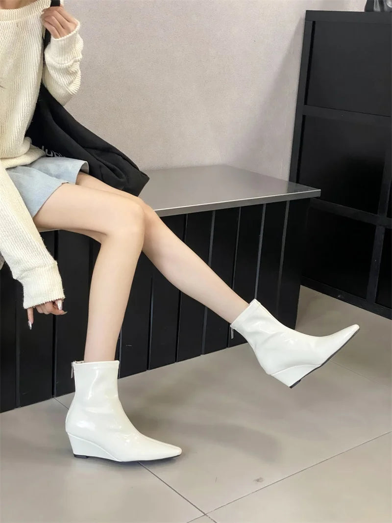 Patent Leather Pointed Toe Chelsea Ankle Boots | Wedge Heel & Rear Zip