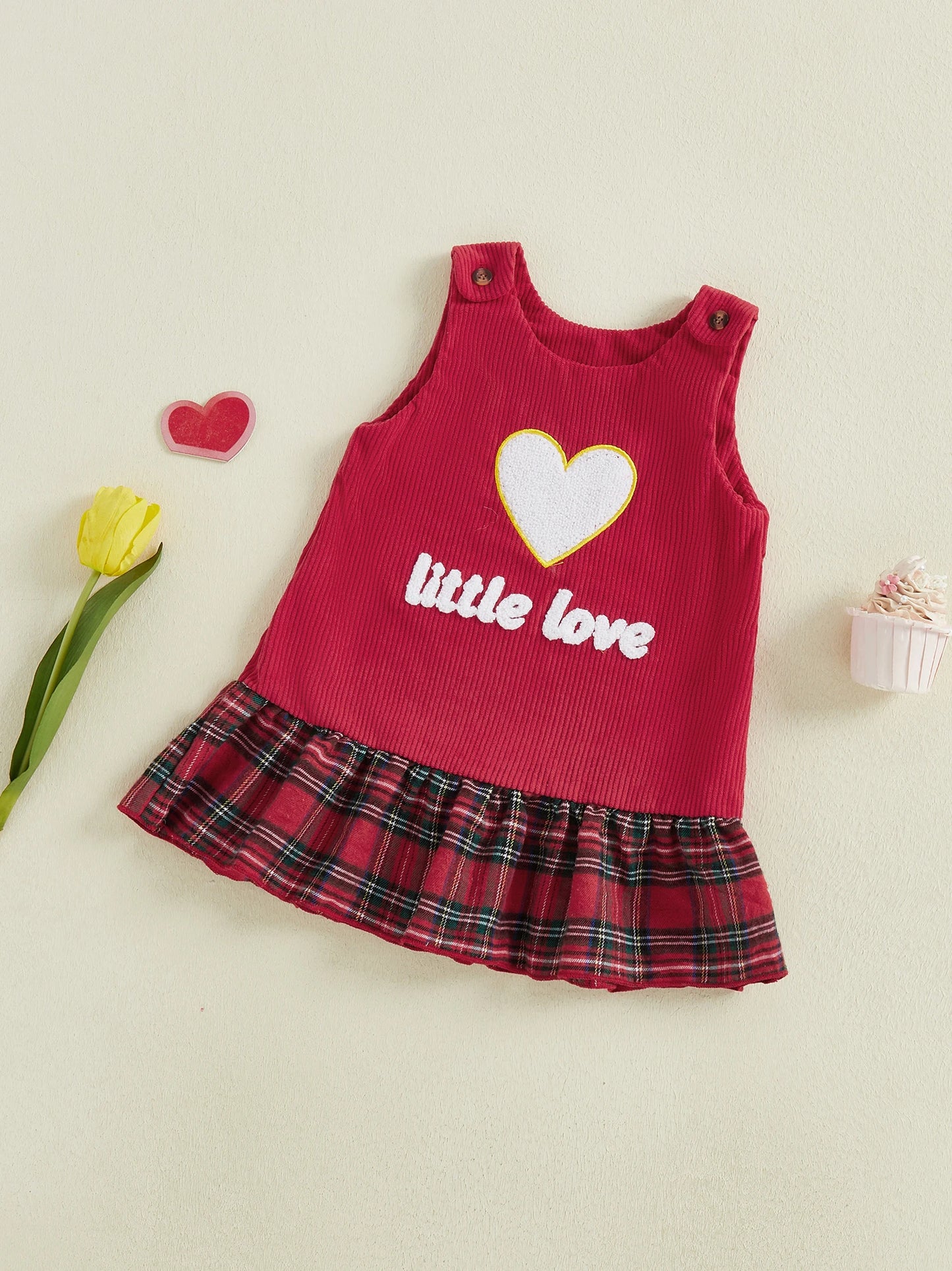 Baby Girls Valentine's Day Heart Embroidered Sleeveless Layered Ruffle Overall Dress