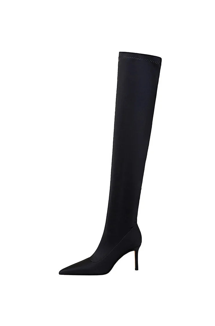 Satin Over-the-Knee Boots - Pointed Toe High Heel Elastic Autumn Winter Boots