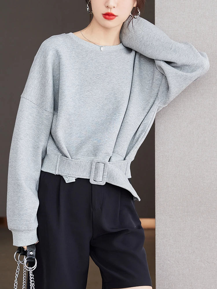 Women Plain Long Sleeve Belt Waist Loose Casual Oversize Pullover Jumper Sweatshirt