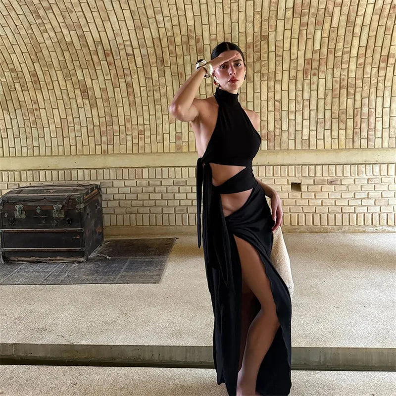 Sleeveless Split Maxi Dress - Halter Bandage Evening Gown