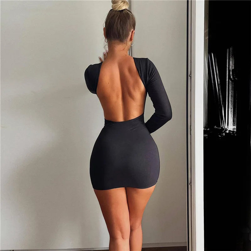 Women's Open Back Solid Slinky Mini Dress - Long Sleeve Round Neck Bodycon Dress