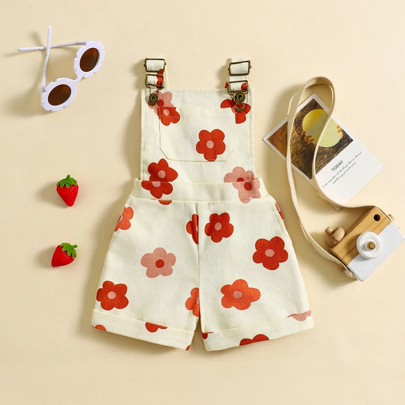 0-6Y Girls Denim Overalls Shorts Sleeveless Flower/Strawberry Print Strap Jeans Suspender Outfit