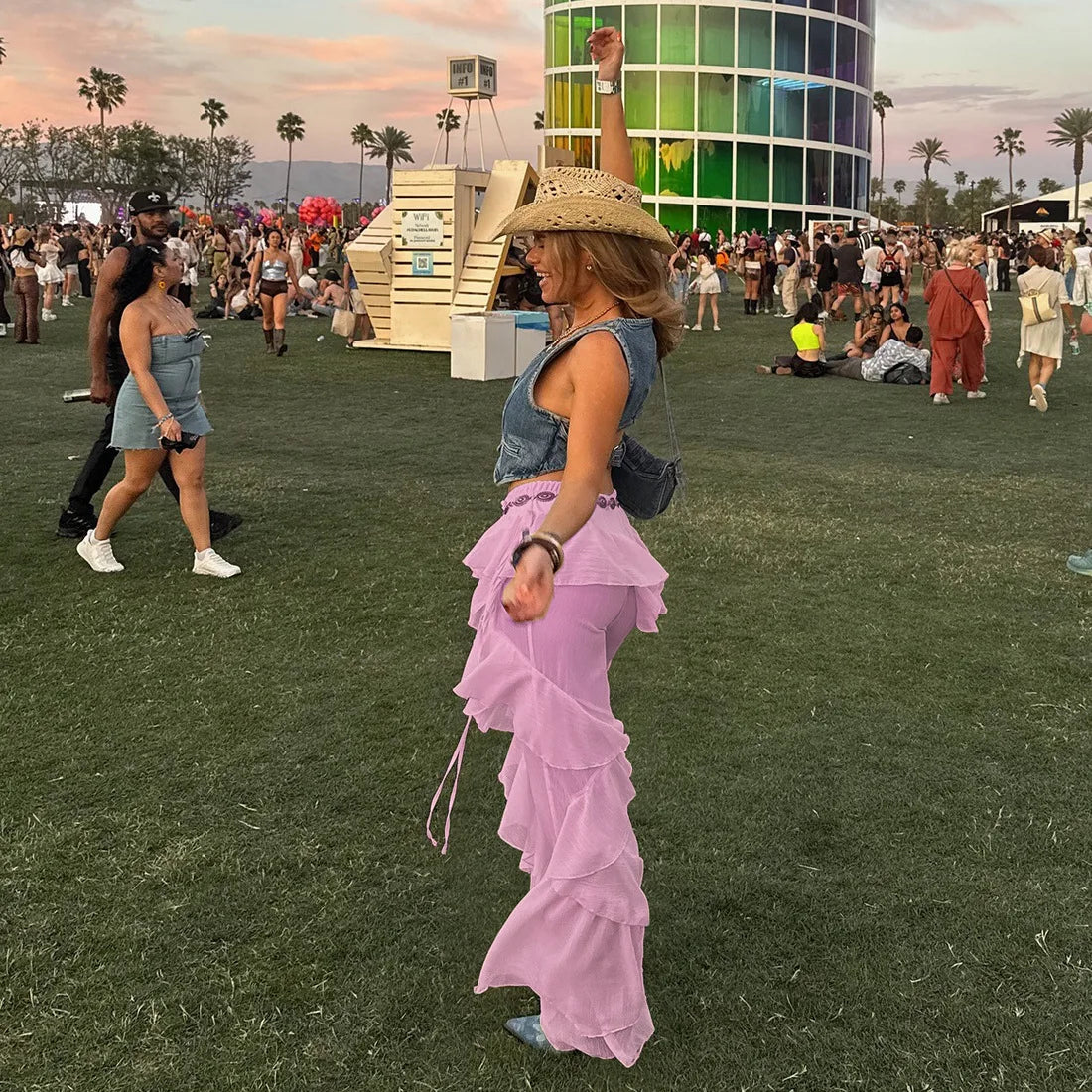 Women's Ruffled Tie Detail Flared Pants - Mesh Sheer Stretch Trousers