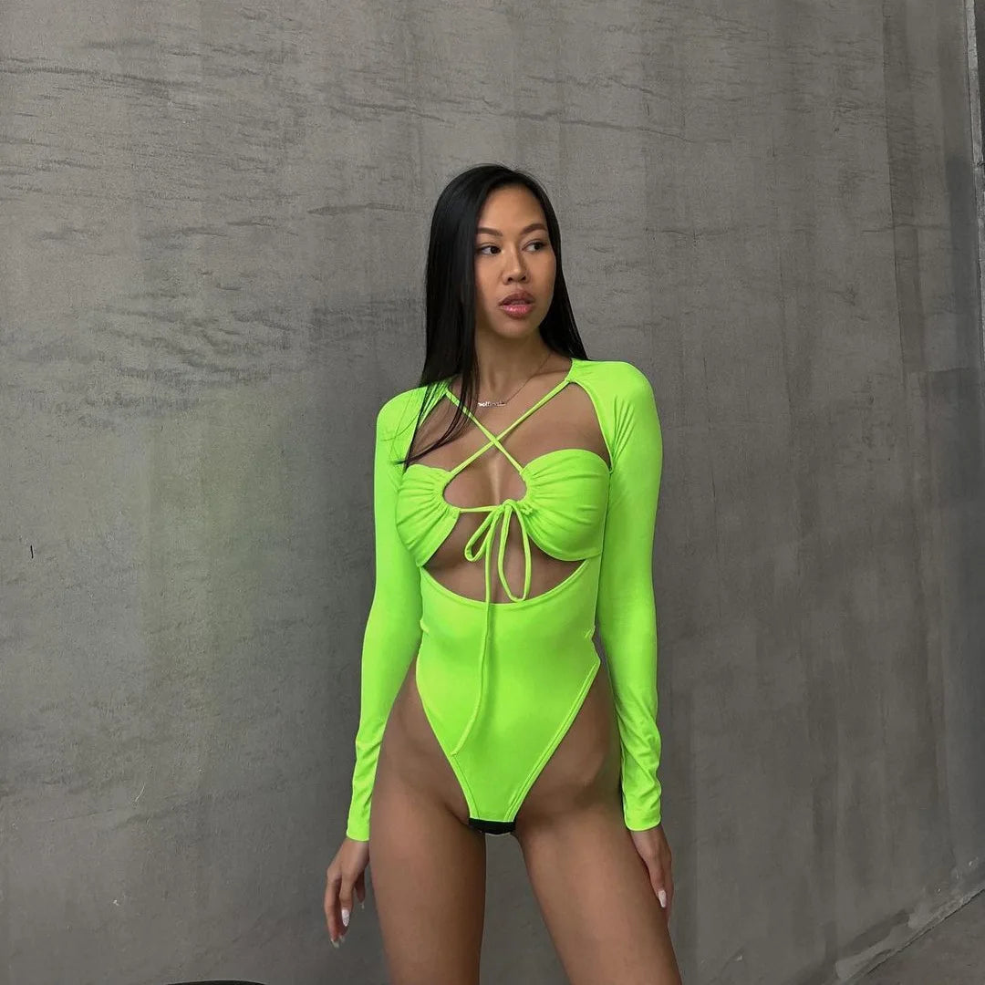 Women's Straps Cut Out Tie Front Top Bodysuit - Women's Long Sleeve Top One Piece High Rise Bodysuit