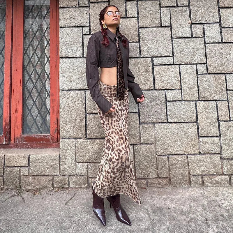 Women's Leopard Print Maxi Long Skirt Outfit