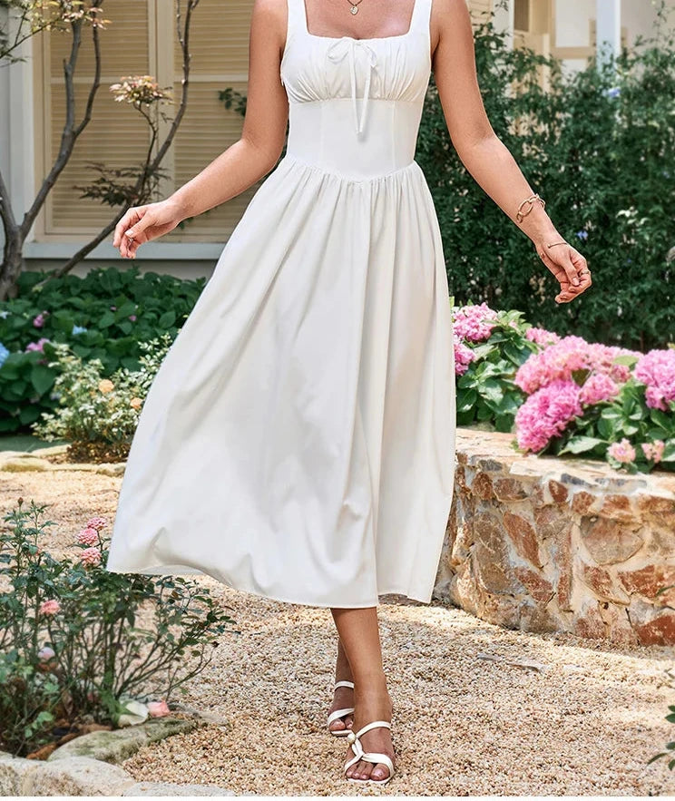 Elegant Summer Midi Dress Square Neck Sleeveless Backless Pleated A-line Dress