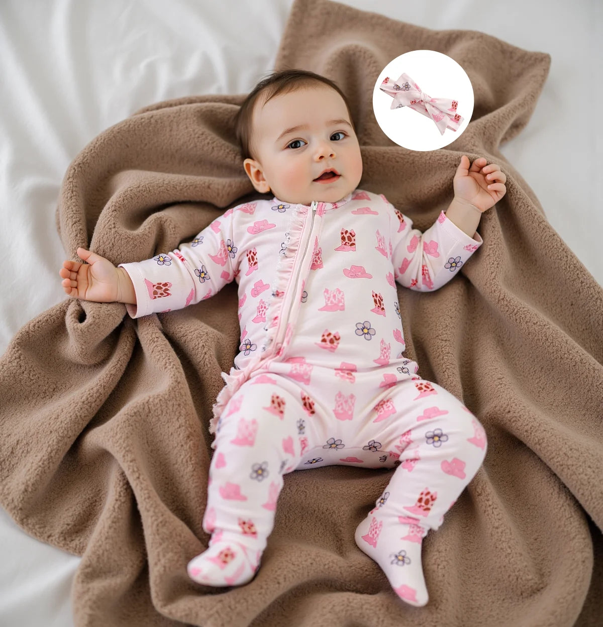 Baby Fall Winter Romper with Floral Hat Print - Zip Up Footed Jumpsuit & Headband (0-18M)