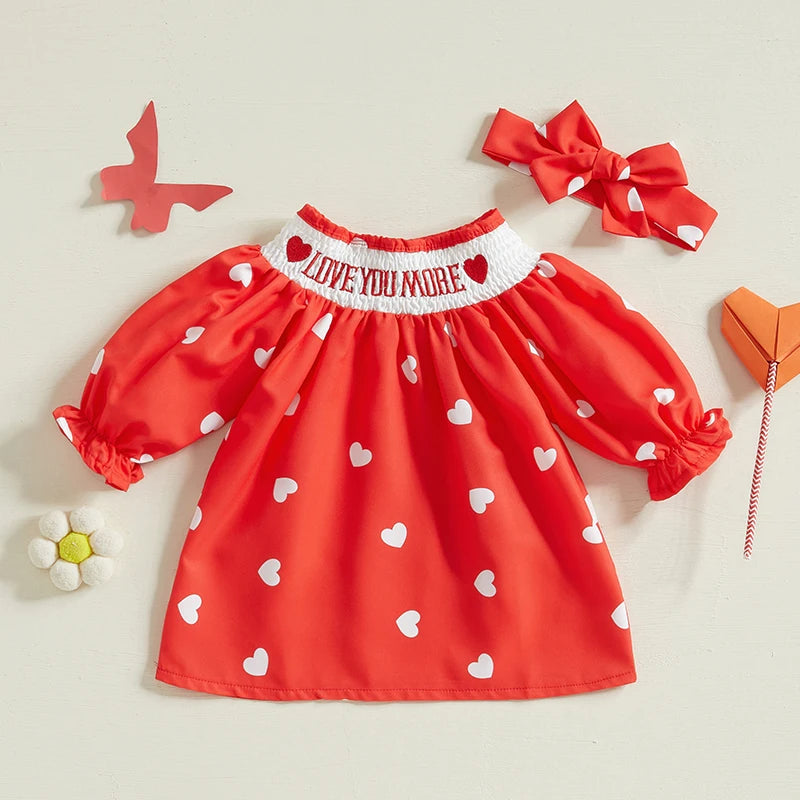 0-3Y Baby Girls Valentine’s Day Dress Long Sleeve Heart Embroidery Heart Print A-Line Dress with Headband Set