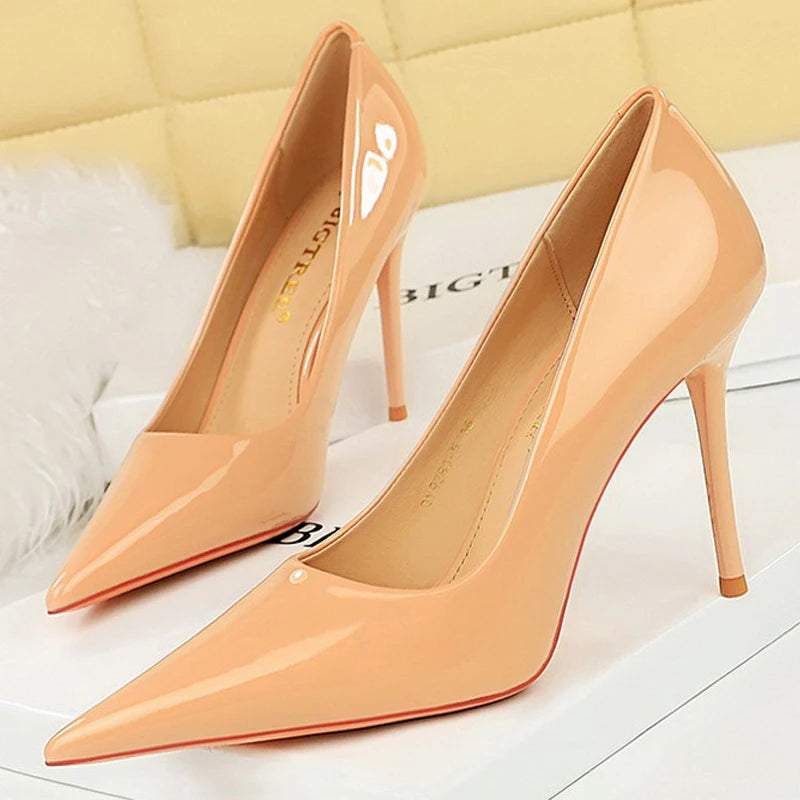 Patent Leather Stiletto Pumps - Pointed Toe High Heels for Special Occasions