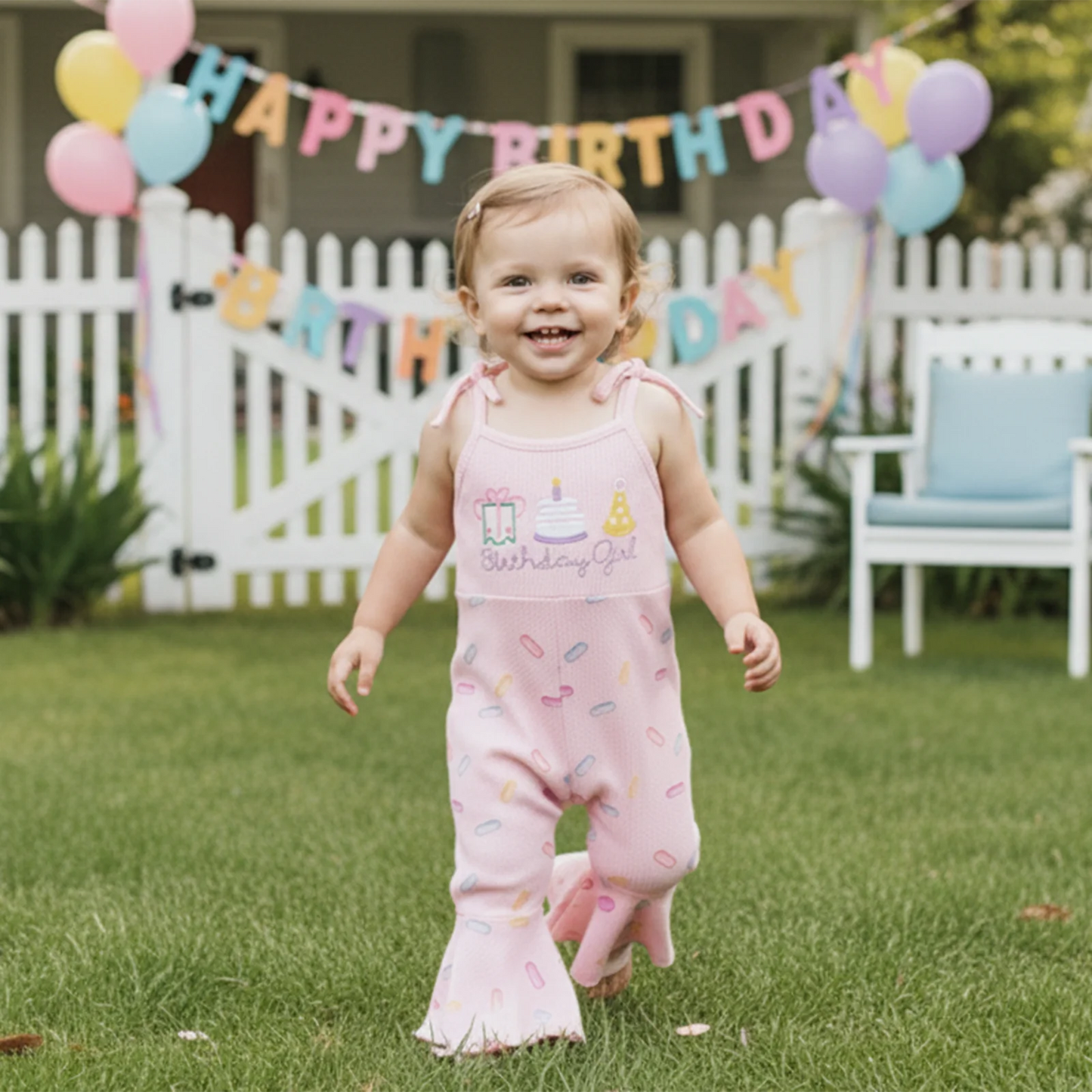 Toddler Girls Birthday Overalls Jumpsuit - Cake Embroidery Sleeveless Bell Bottom Flare Pants