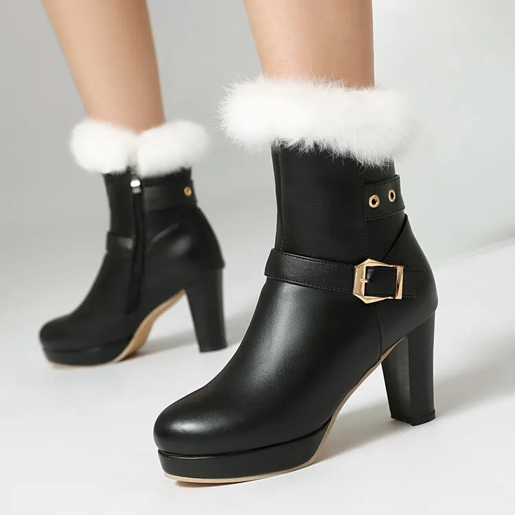 Studded Ankle Boots - 8cm High Heel with Plush Collar and Metal Belt