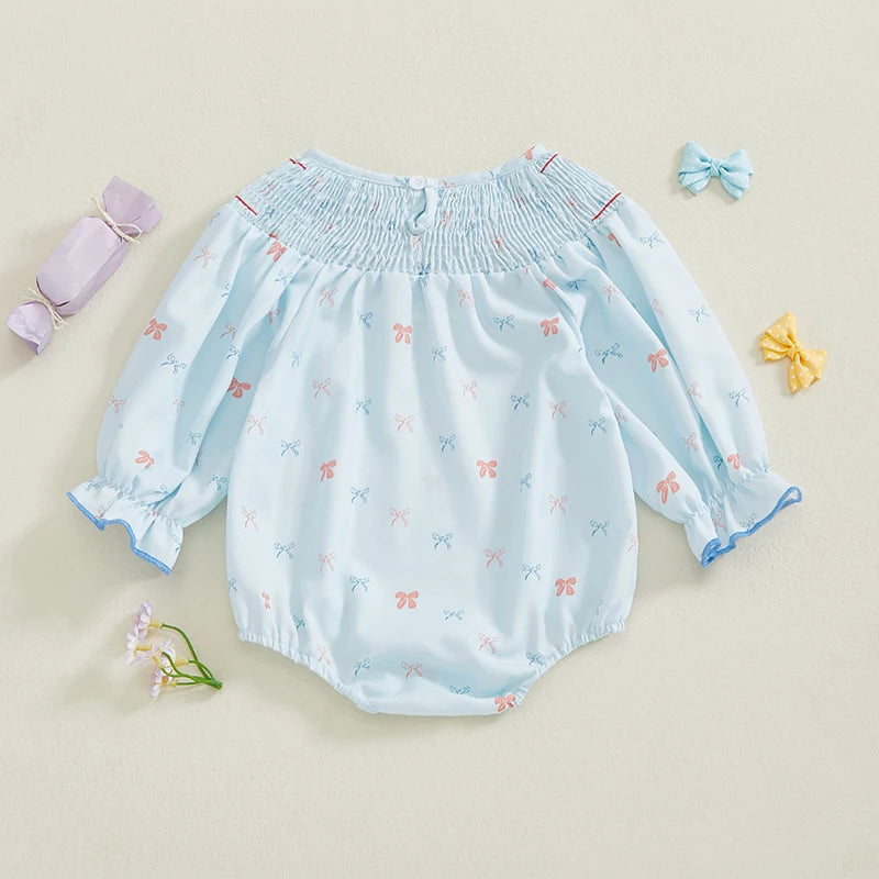 Baby Girls Casual Romper - Long Sleeve Embroidery Bow Print Jumpsuit