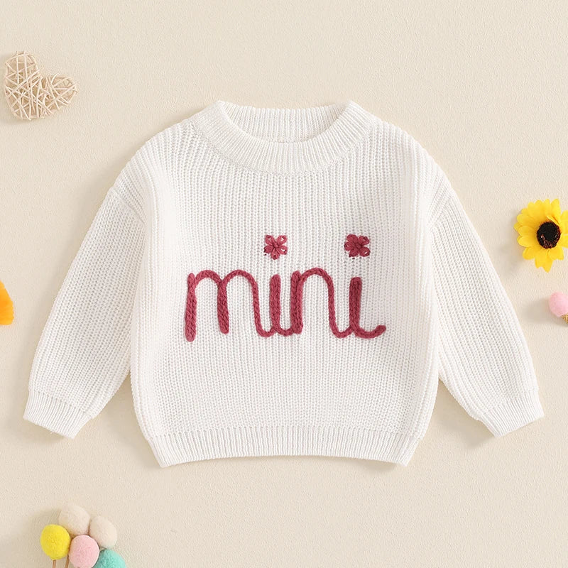 Mommy and Me Matching Baby Girls Sweaters 0-6Y Ribbed Long Sleeve Letter Embroidery Knit Top