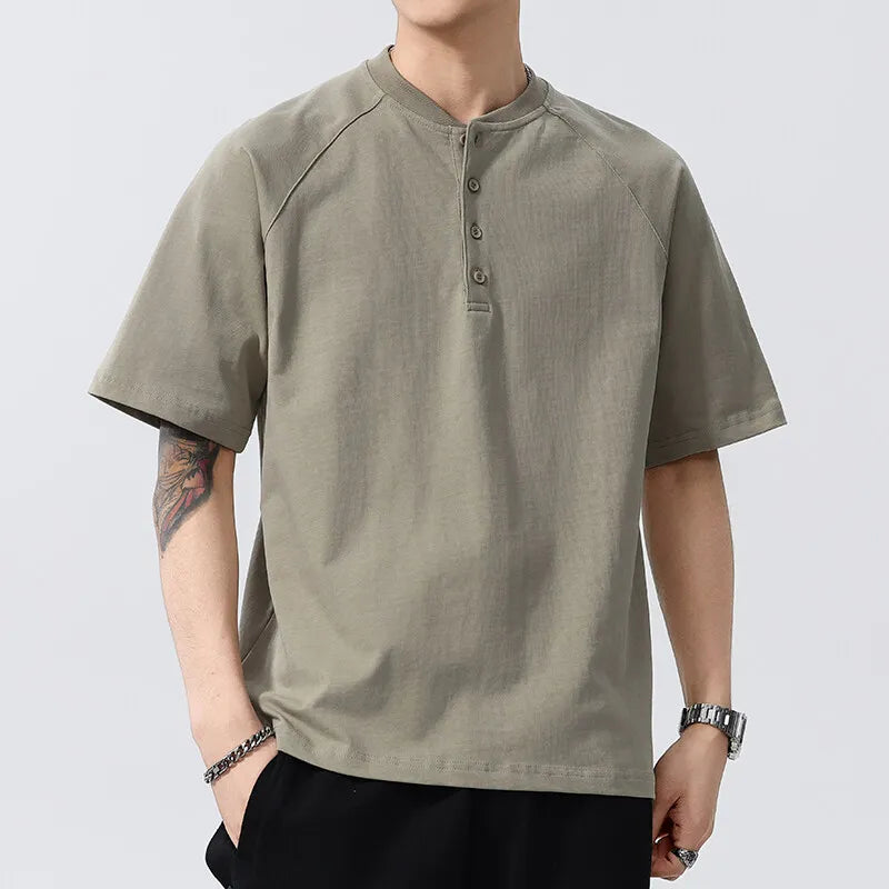 Men's Summer Henry Collar Short Sleeve Cotton Loose Casual Pullover Breathable T-Shirt