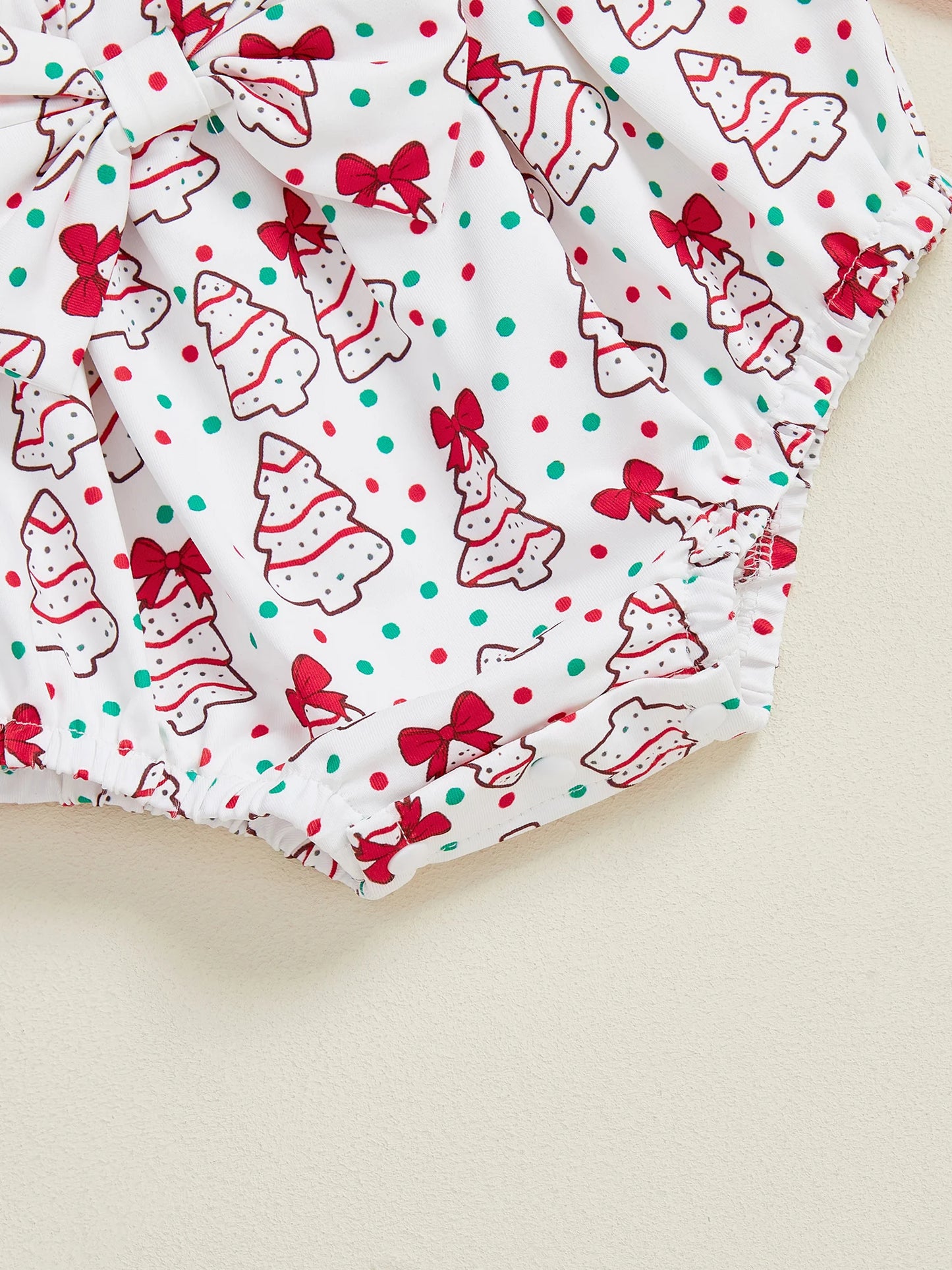 Baby Girls Christmas Romper Set - Santa Tree Bow Print Long Sleeve Ruffle Jumpsuit with Headband & Socks