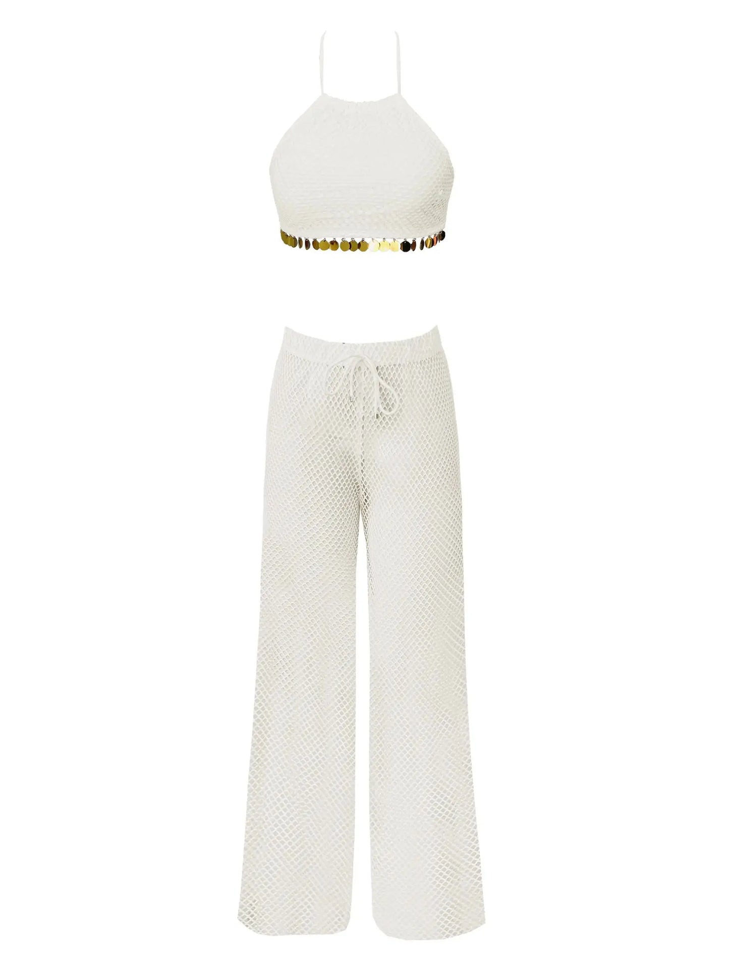 White Lace Three-Piece Bikini Set with Wide Leg Cover-Up Pants