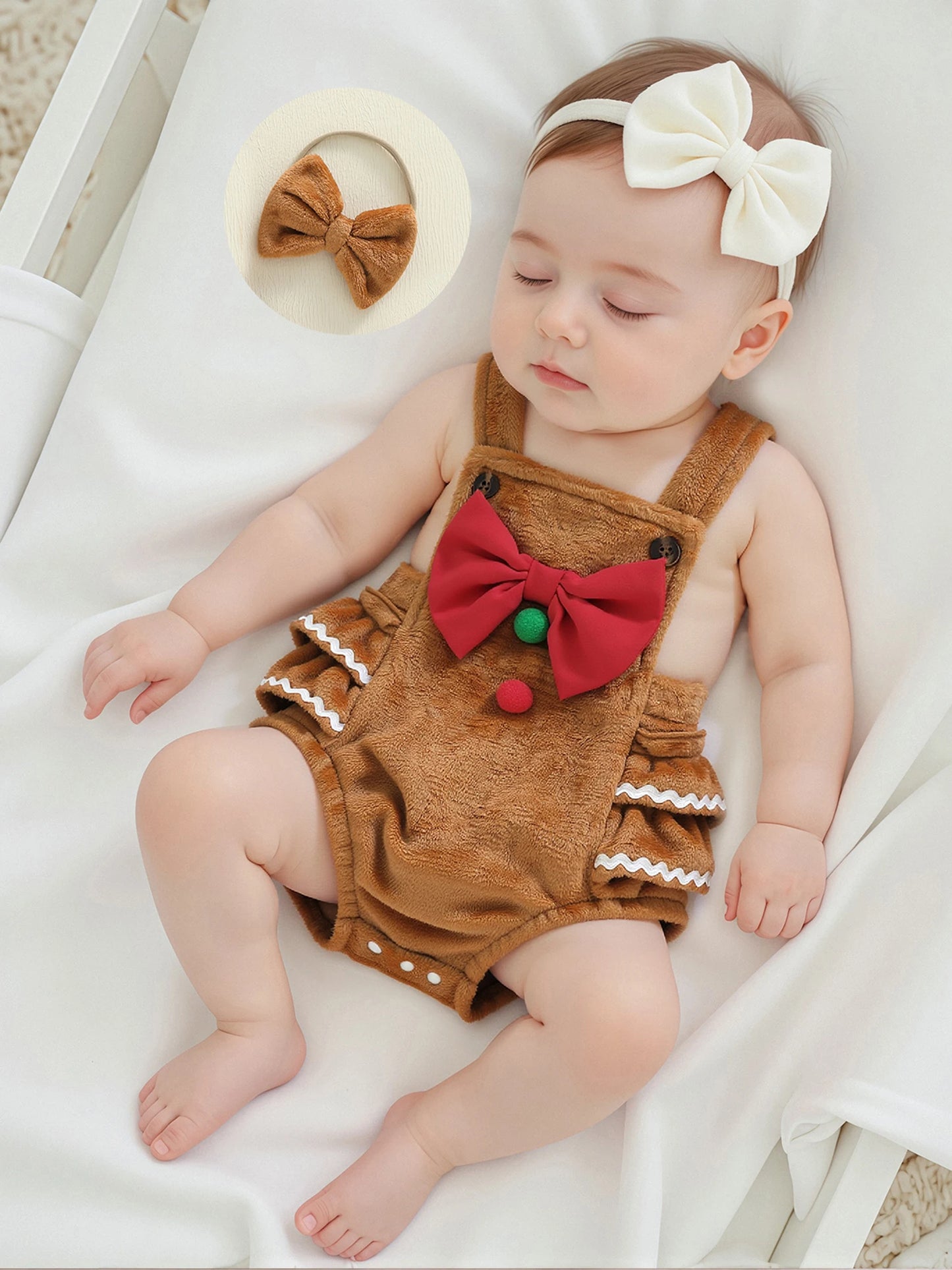 Baby Girls' Christmas Romper Outfit - Gingerbread Man Sleeveless Jumpsuit with Hairband