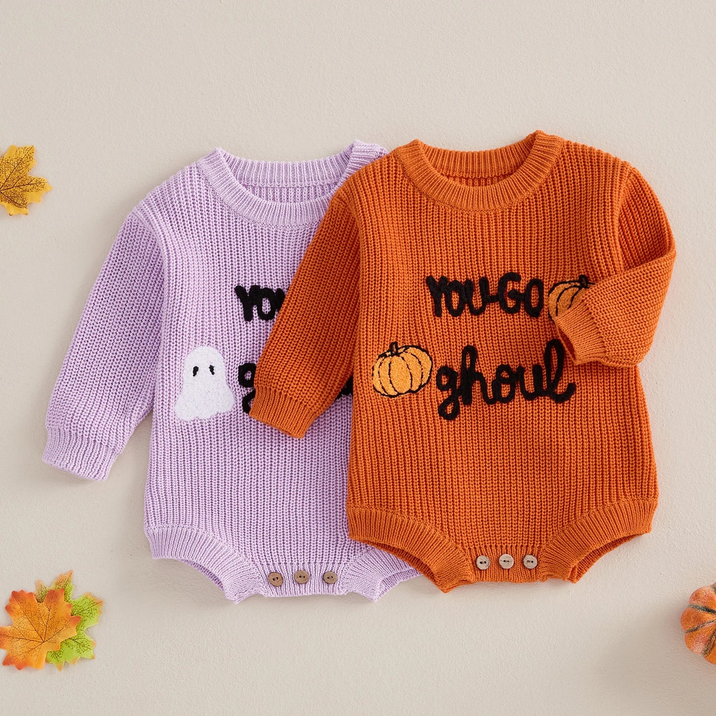 0-12M Baby Girls Boys Halloween Sweater - Romper Letter Ghost Embroidery Crew Neck Long Sleeve Jumpsuit