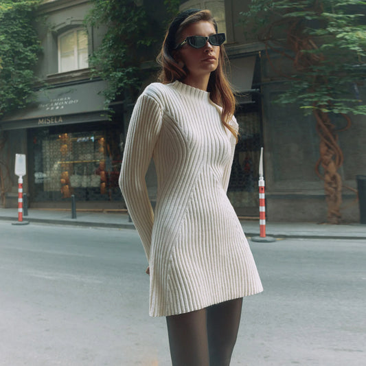 Women's Long Sleeve Knit Slim A Line Ribbed Round Neck Casual Party Dress