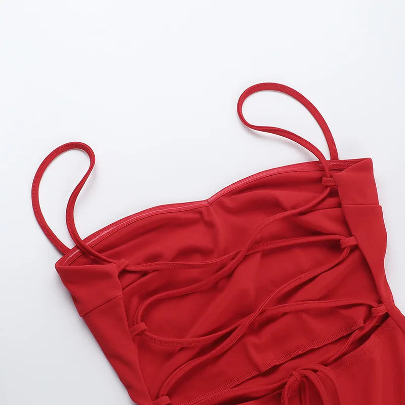 Women's Red Ruffled Slip Maxi Dress - Backless Summer Vacation Dress