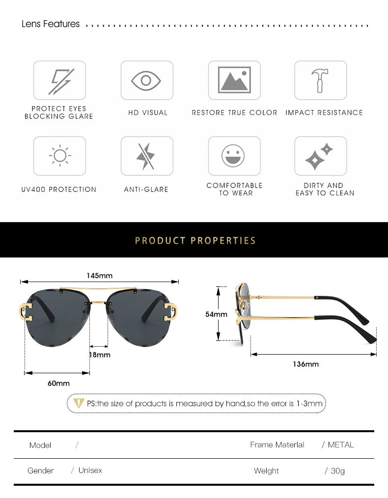 Unisex Vintage Rimless Classic Double Bridge Pilot Gradient Sunglasses