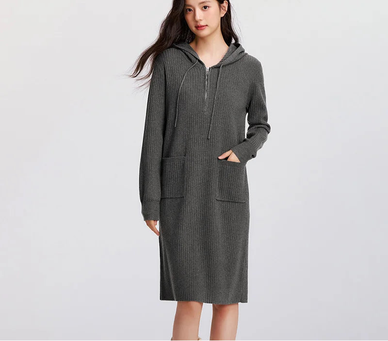 Women's Knit Hoodie Dress - Slim Fit Textured Mid-Length Winter Casual Style