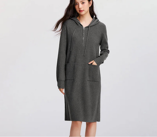 Women's Knit Hoodie Dress - Slim Fit Textured Mid-Length Winter Casual Style