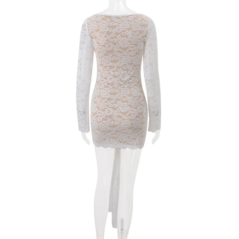 Women's Embellished Lace Hollow Out Mini Dress - Flare Sleeve See Through Wrap