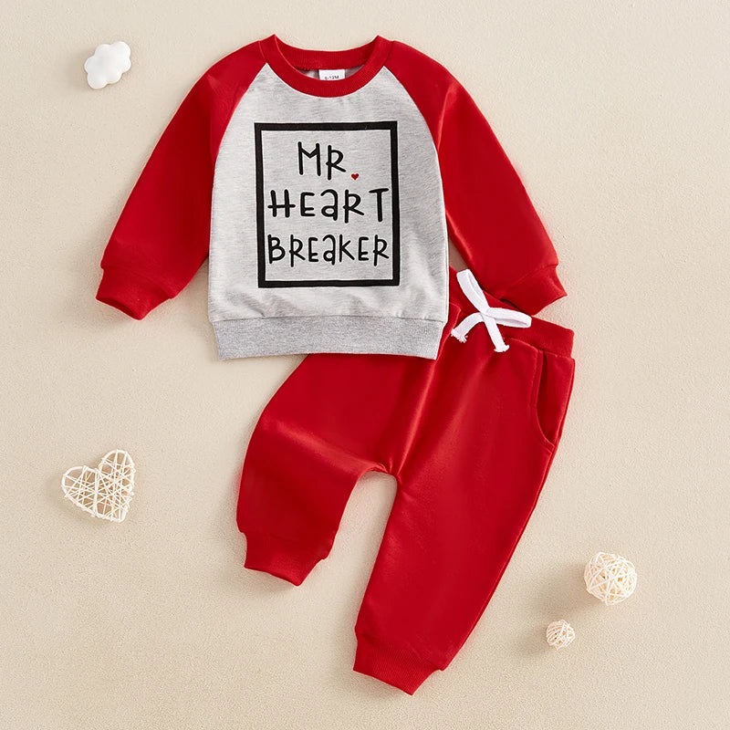 0-3Y Casual Baby Boys Valentines Day Clothes Sets Color Patchwork Letter Print Long Sleeve Sweatshirt Solid Pants