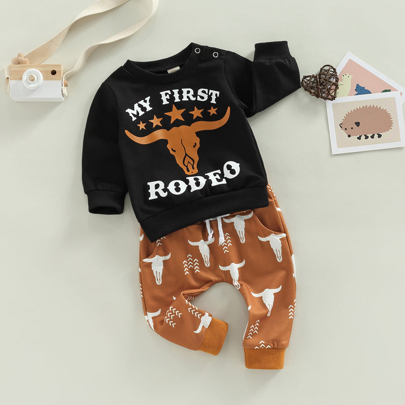 0-24M Baby Boys Clothes Set - 2pcs Letter Cattle Head Print Long Sleeve Sweatshirts Tops and Elastic Waist Long Pants Set