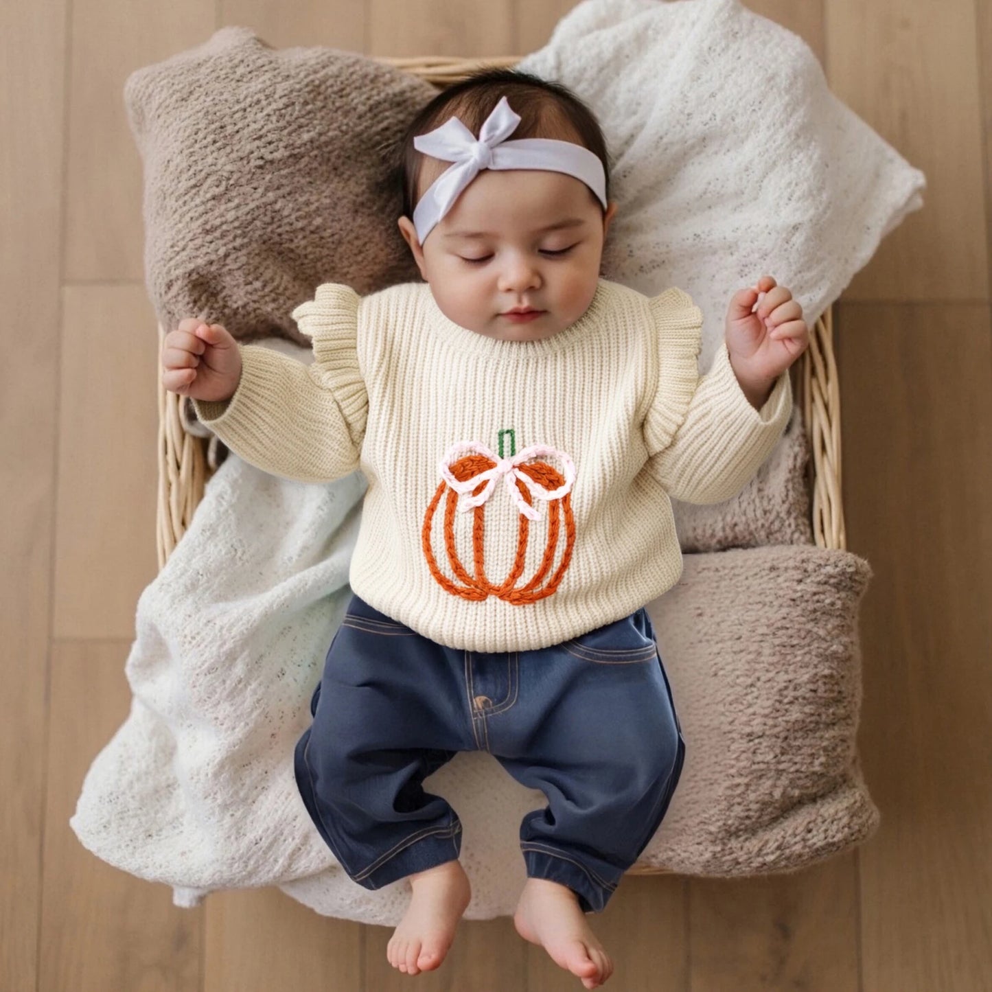 Baby Fall Sweater - Bow Pumpkin Embroidery Round Neck Knit Pullover
