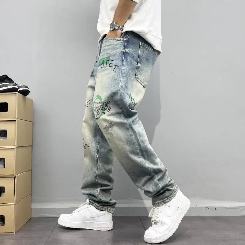 Men's Retro Print Straight Jeans - Loose Fit Hip-Hop