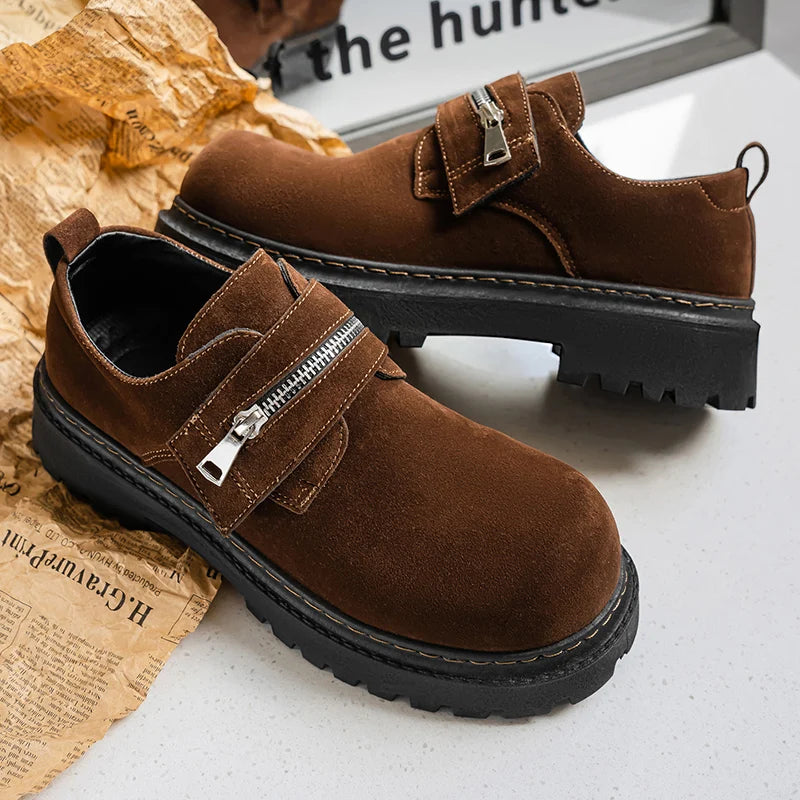 Men's Suede Leather Platform Work Shoes - Zipper Business Sneakers