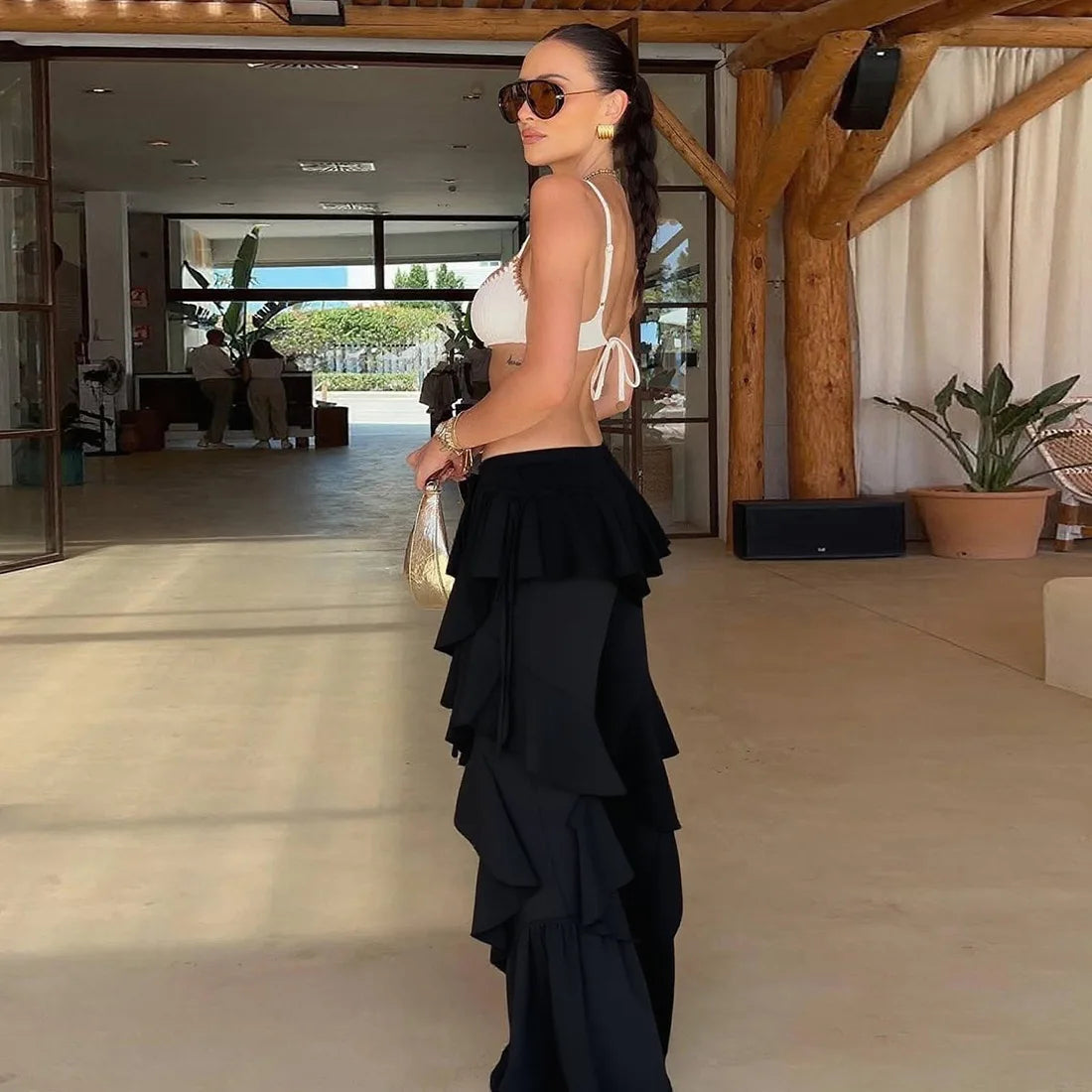 Women's Ruffled Tie Detail Flared Pants - Mesh Sheer Stretch Trousers