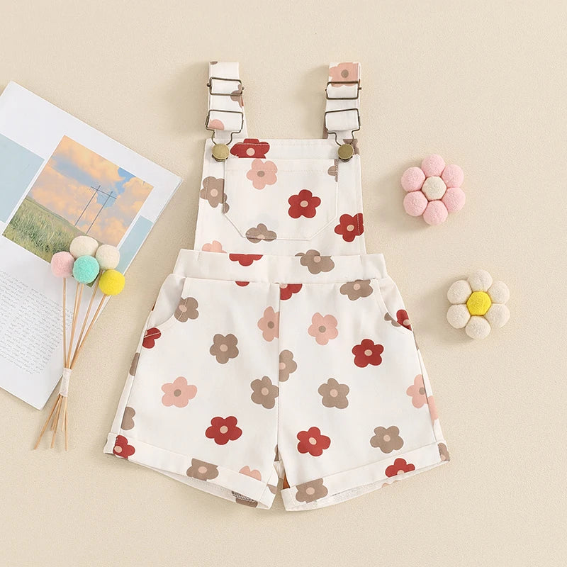 Kids Girls Overalls Shorts 0-6Y Sleeveless Straps Strawberry/Flower Print Denim Button Pocket Jumpsuit