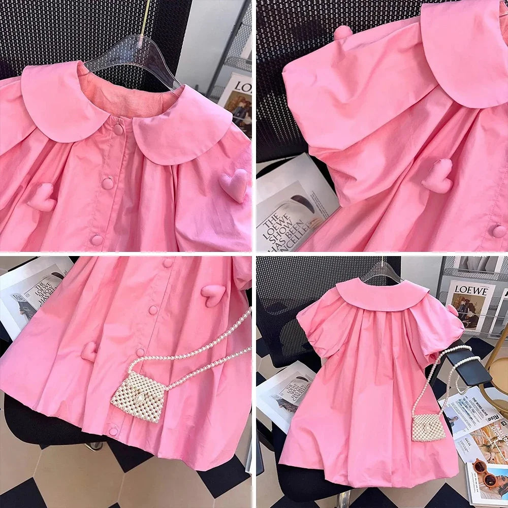 Girl's Summer Polo Collar 3D Love Decal Bubble Sleeve Princess Dress