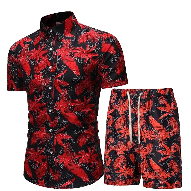 Men's Summer  Casual Set Print Hawaiian Short Sleeve Set Beach Wear Shirt and Shorts Set