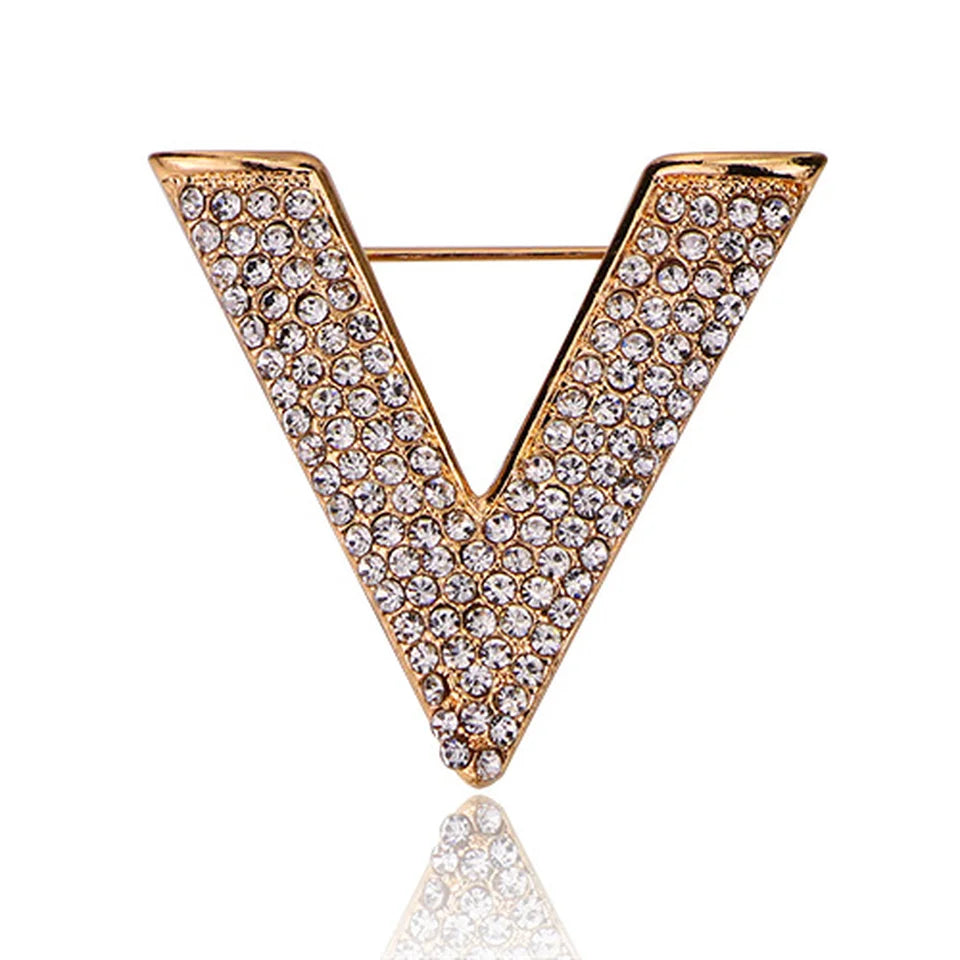 Women's Minimalist Crystal New Letter V Brooch Pin - Rhinestone Triangle Brooches and Pins